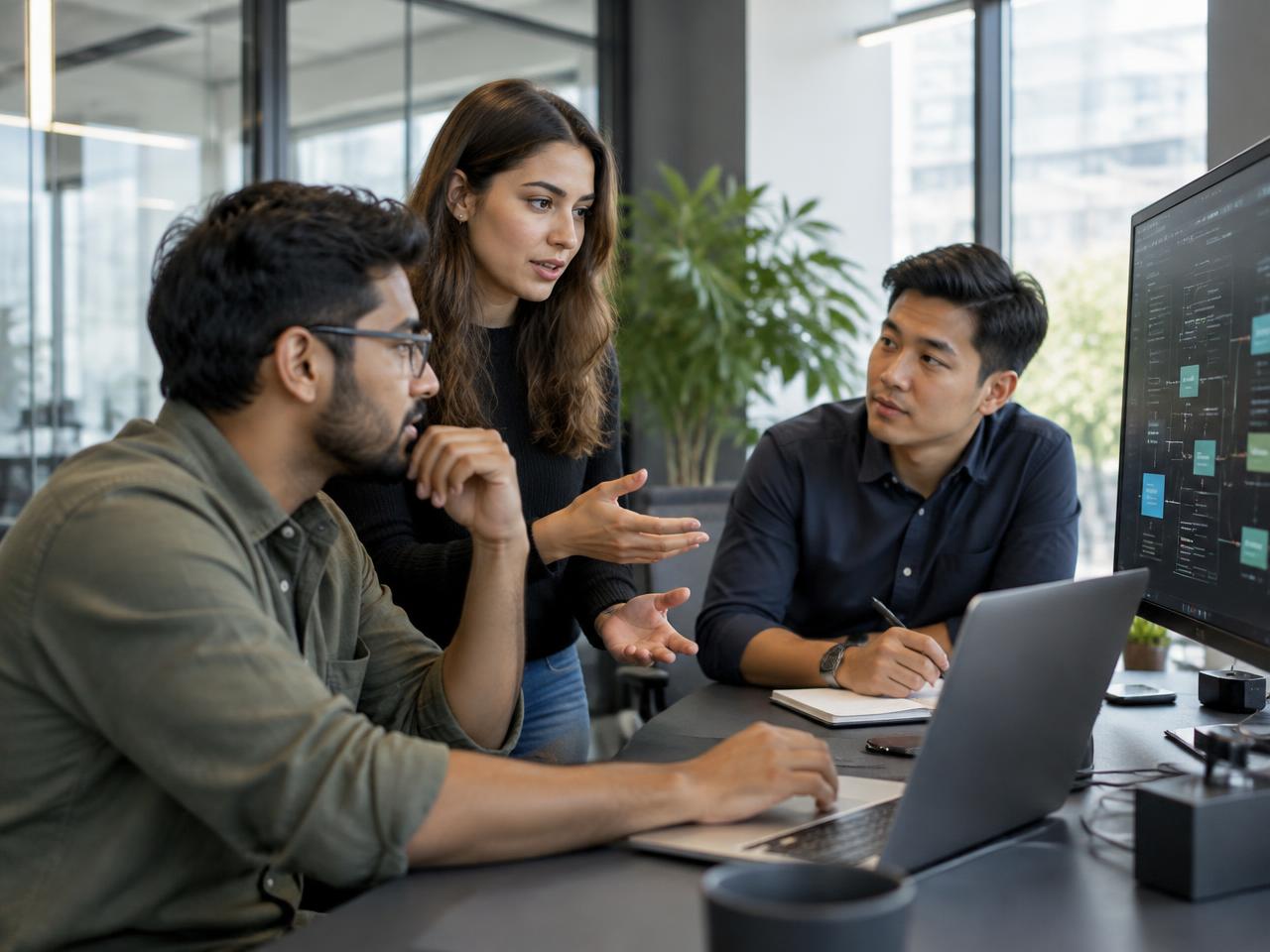 Illustrative photograph of technology professionals collaborating on a project
